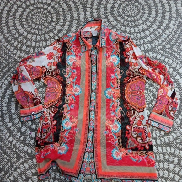 Chico's Travelers Tunic‎ Top 12/14 Large Lightweight Paisley Stretch Boho Bright - Picture 6 of 12